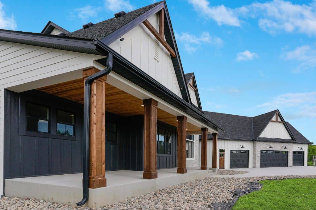 Modern residential house with concrete porch and garage, about us, Layout 20.